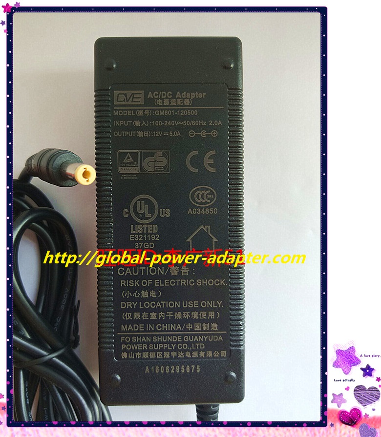 NEW GVE GM601-120500 12V DC 5A AC ADAPTER - Click Image to Close